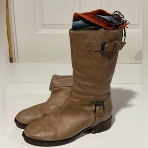 Cole Haan Taupe Air Leora Leather Moto Mid-Calf Buckle Boots